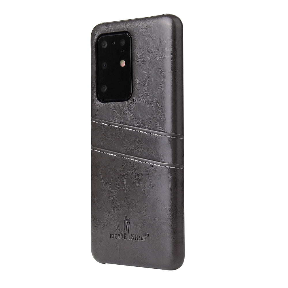 FIERRE SHANN Card Holder Oil Wax PU Leather Coated PC Back Cover for Samsung Galaxy S20 Ultra - Black