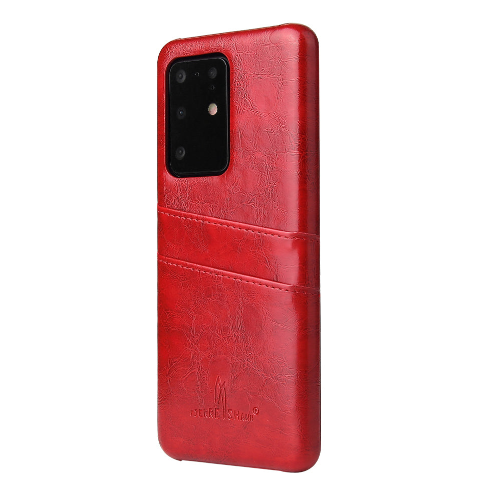 FIERRE SHANN Card Holder Oil Wax PU Leather Coated PC Back Cover for Samsung Galaxy S20 Ultra - Red