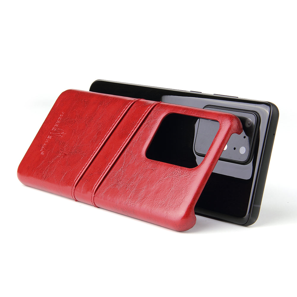 FIERRE SHANN Card Holder Oil Wax PU Leather Coated PC Back Cover for Samsung Galaxy S20 Ultra - Red