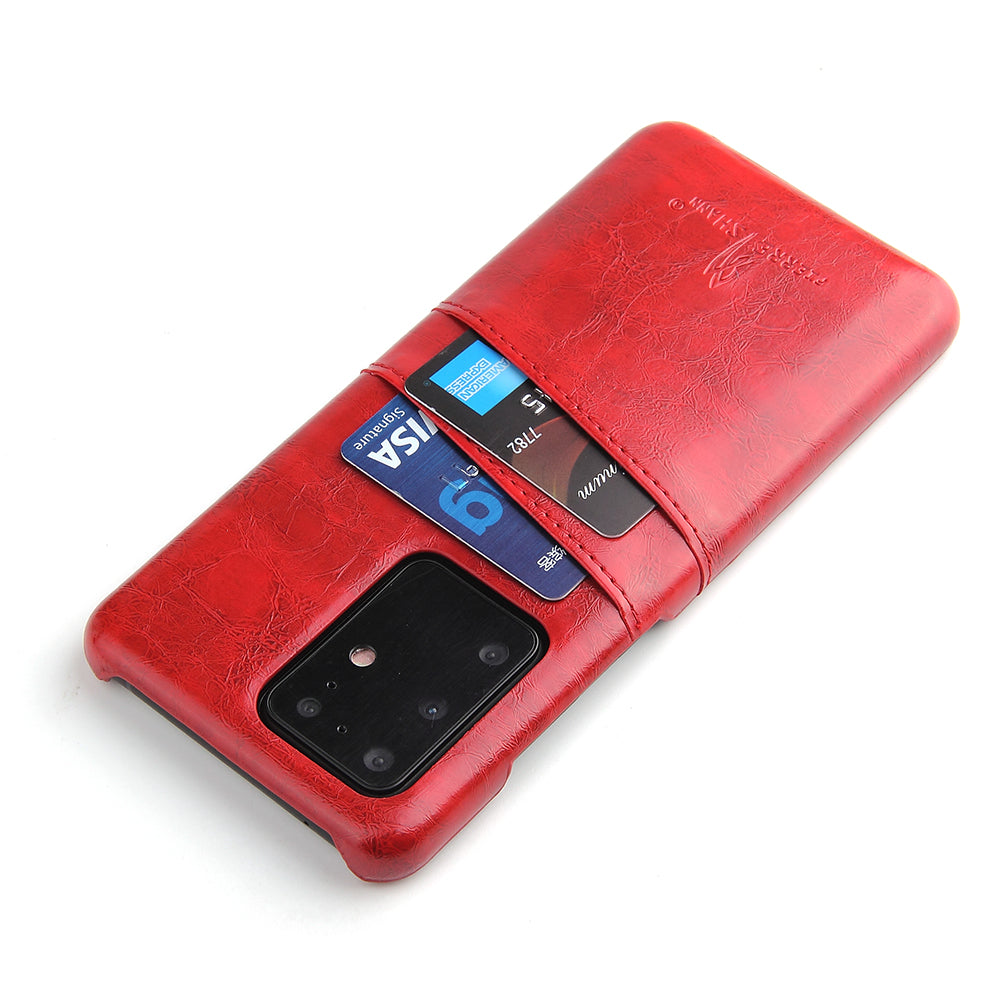 FIERRE SHANN Card Holder Oil Wax PU Leather Coated PC Back Cover for Samsung Galaxy S20 Ultra - Red