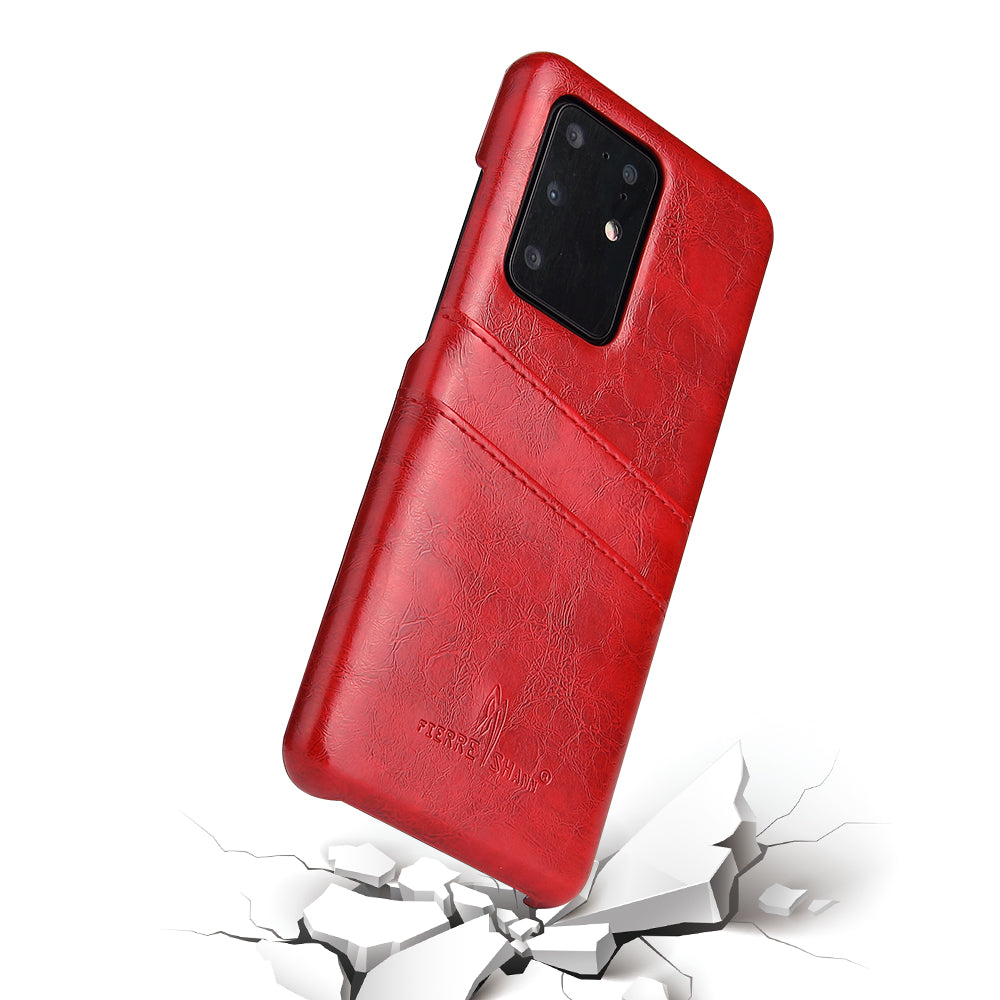 FIERRE SHANN Card Holder Oil Wax PU Leather Coated PC Back Cover for Samsung Galaxy S20 Ultra - Red