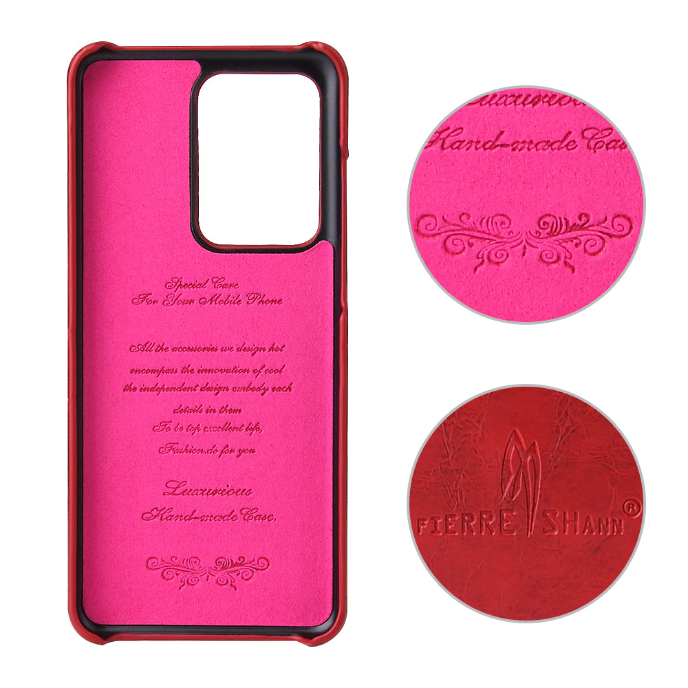 FIERRE SHANN Card Holder Oil Wax PU Leather Coated PC Back Cover for Samsung Galaxy S20 Ultra - Red