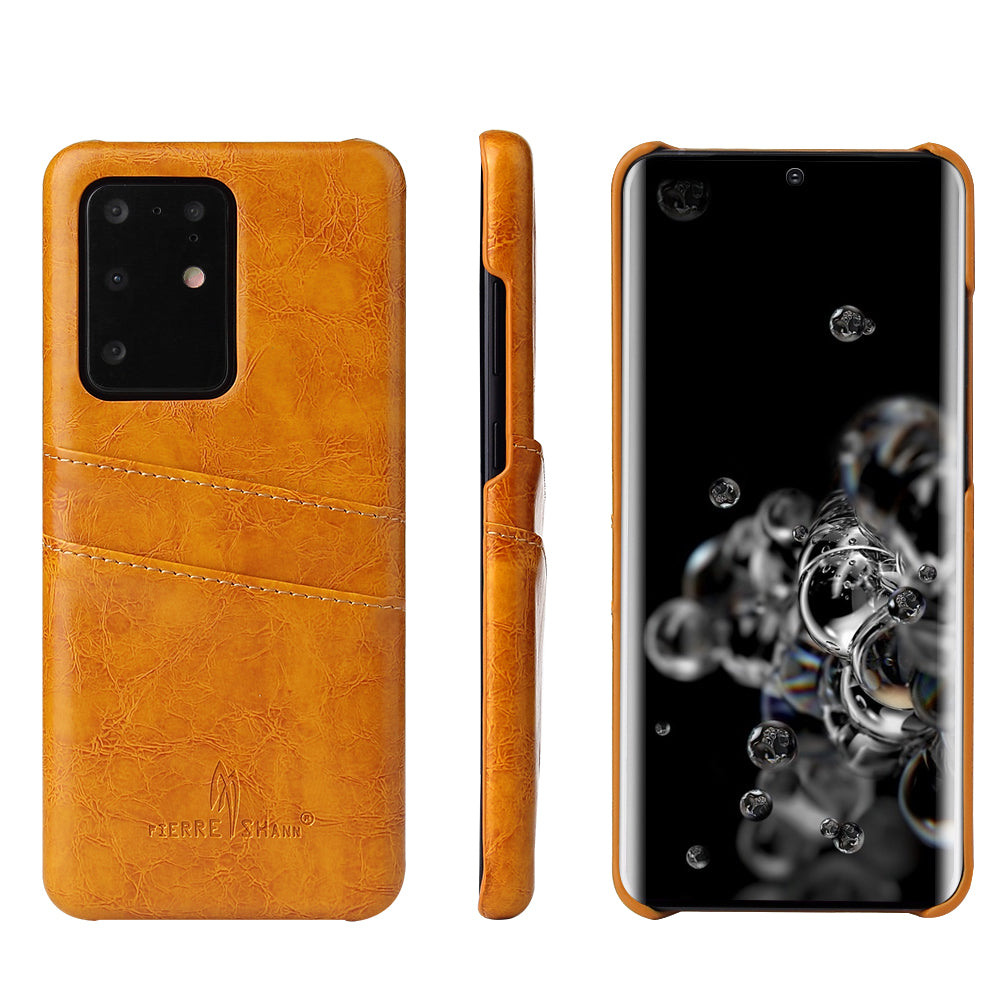 FIERRE SHANN Card Holder Oil Wax PU Leather Coated PC Back Cover for Samsung Galaxy S20 Ultra - Orange