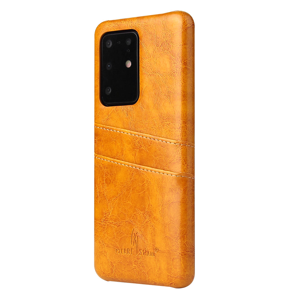 FIERRE SHANN Card Holder Oil Wax PU Leather Coated PC Back Cover for Samsung Galaxy S20 Ultra - Orange