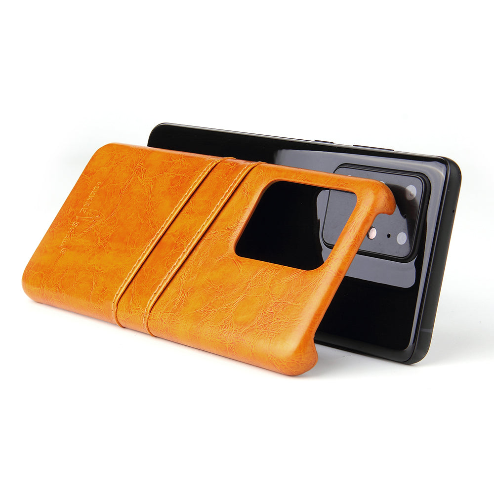 FIERRE SHANN Card Holder Oil Wax PU Leather Coated PC Back Cover for Samsung Galaxy S20 Ultra - Orange