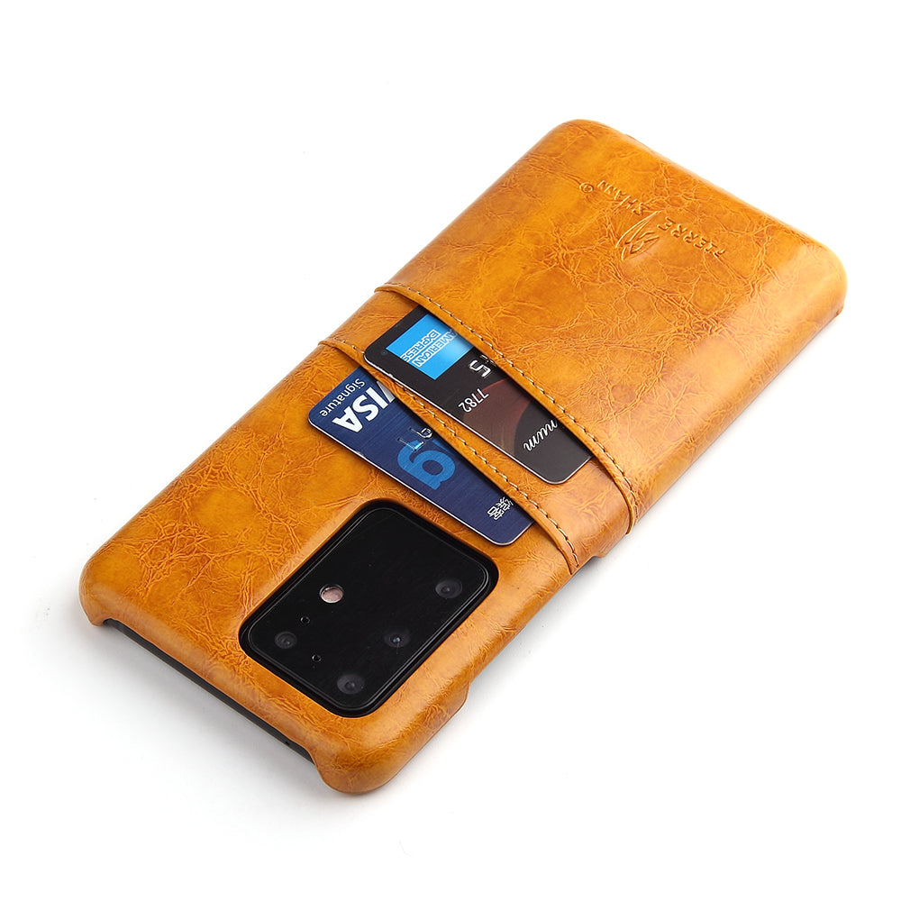 FIERRE SHANN Card Holder Oil Wax PU Leather Coated PC Back Cover for Samsung Galaxy S20 Ultra - Orange