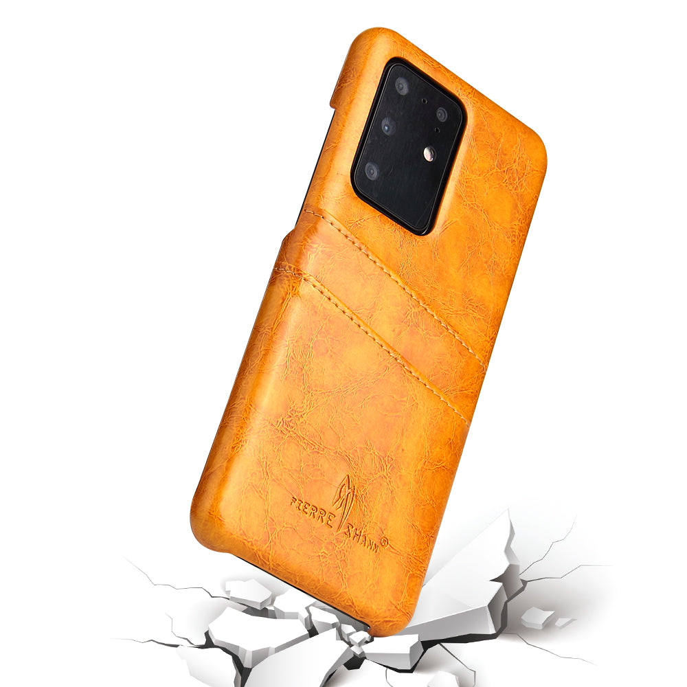 FIERRE SHANN Card Holder Oil Wax PU Leather Coated PC Back Cover for Samsung Galaxy S20 Ultra - Orange