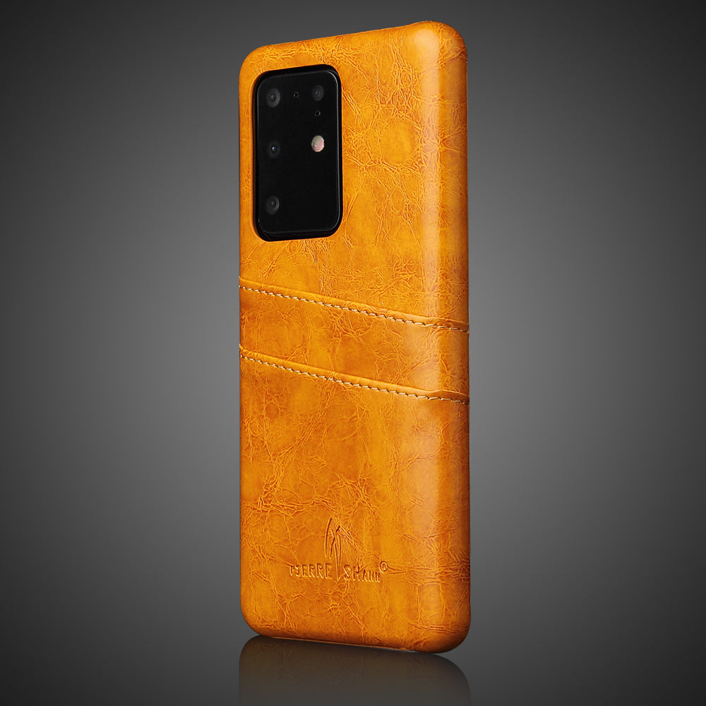 FIERRE SHANN Card Holder Oil Wax PU Leather Coated PC Back Cover for Samsung Galaxy S20 Ultra - Orange