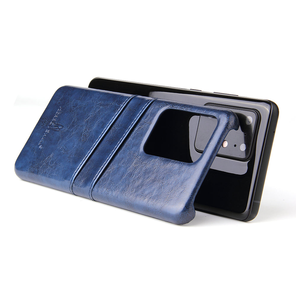 FIERRE SHANN Card Holder Oil Wax PU Leather Coated PC Back Cover for Samsung Galaxy S20 Ultra - Blue