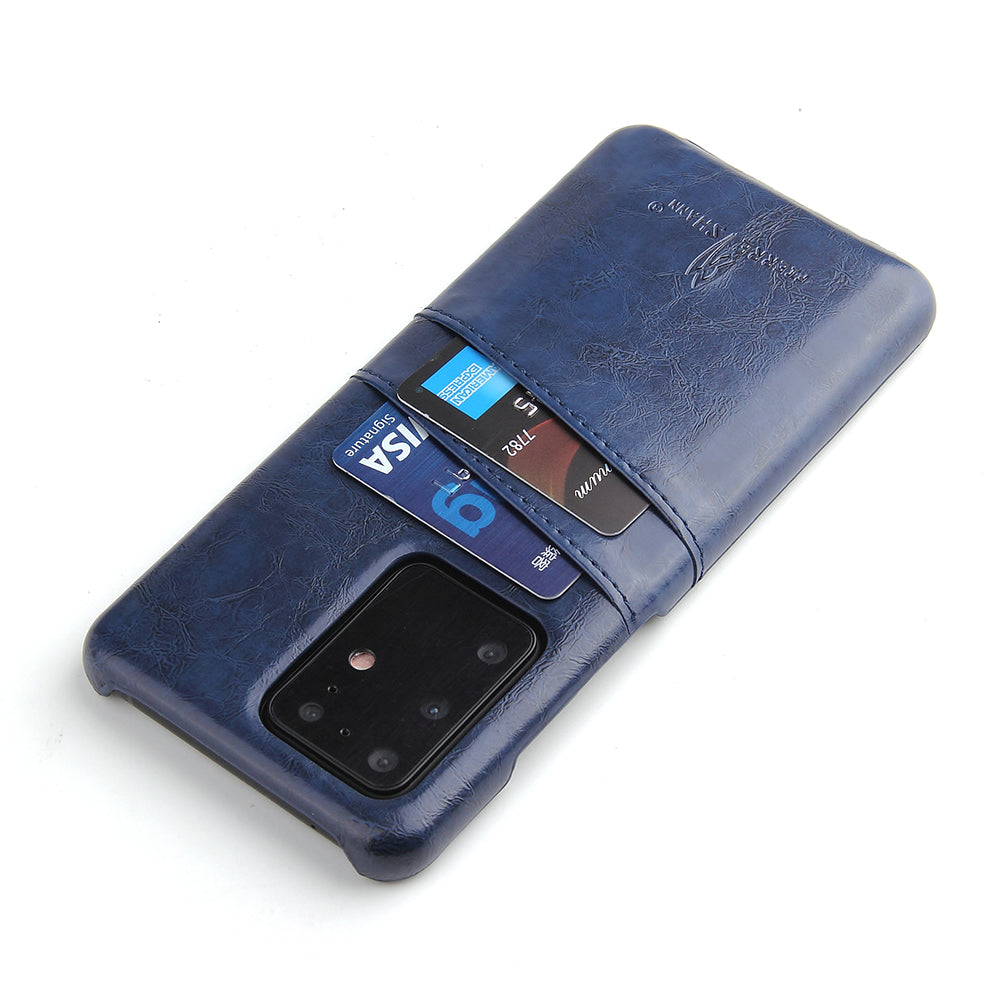 FIERRE SHANN Card Holder Oil Wax PU Leather Coated PC Back Cover for Samsung Galaxy S20 Ultra - Blue