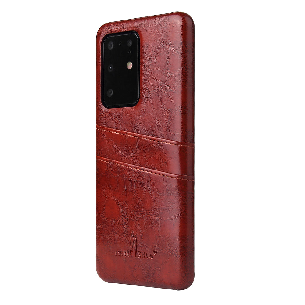 FIERRE SHANN Card Holder Oil Wax PU Leather Coated PC Back Cover for Samsung Galaxy S20 Ultra - Brown