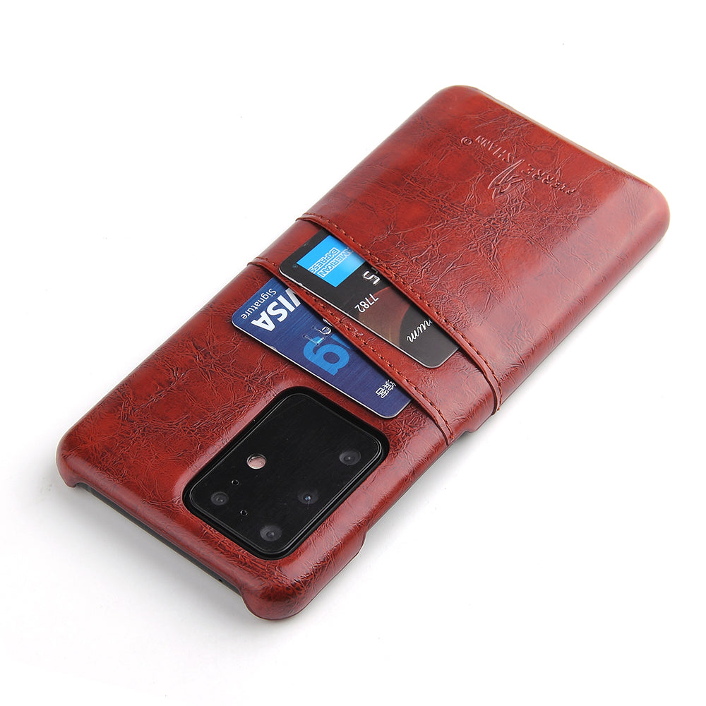 FIERRE SHANN Card Holder Oil Wax PU Leather Coated PC Back Cover for Samsung Galaxy S20 Ultra - Brown