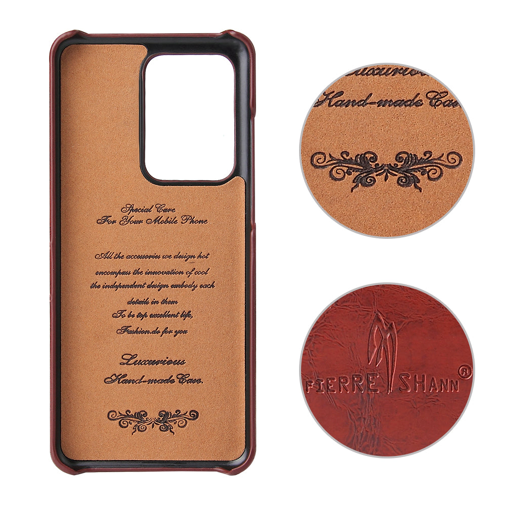 FIERRE SHANN Card Holder Oil Wax PU Leather Coated PC Back Cover for Samsung Galaxy S20 Ultra - Brown