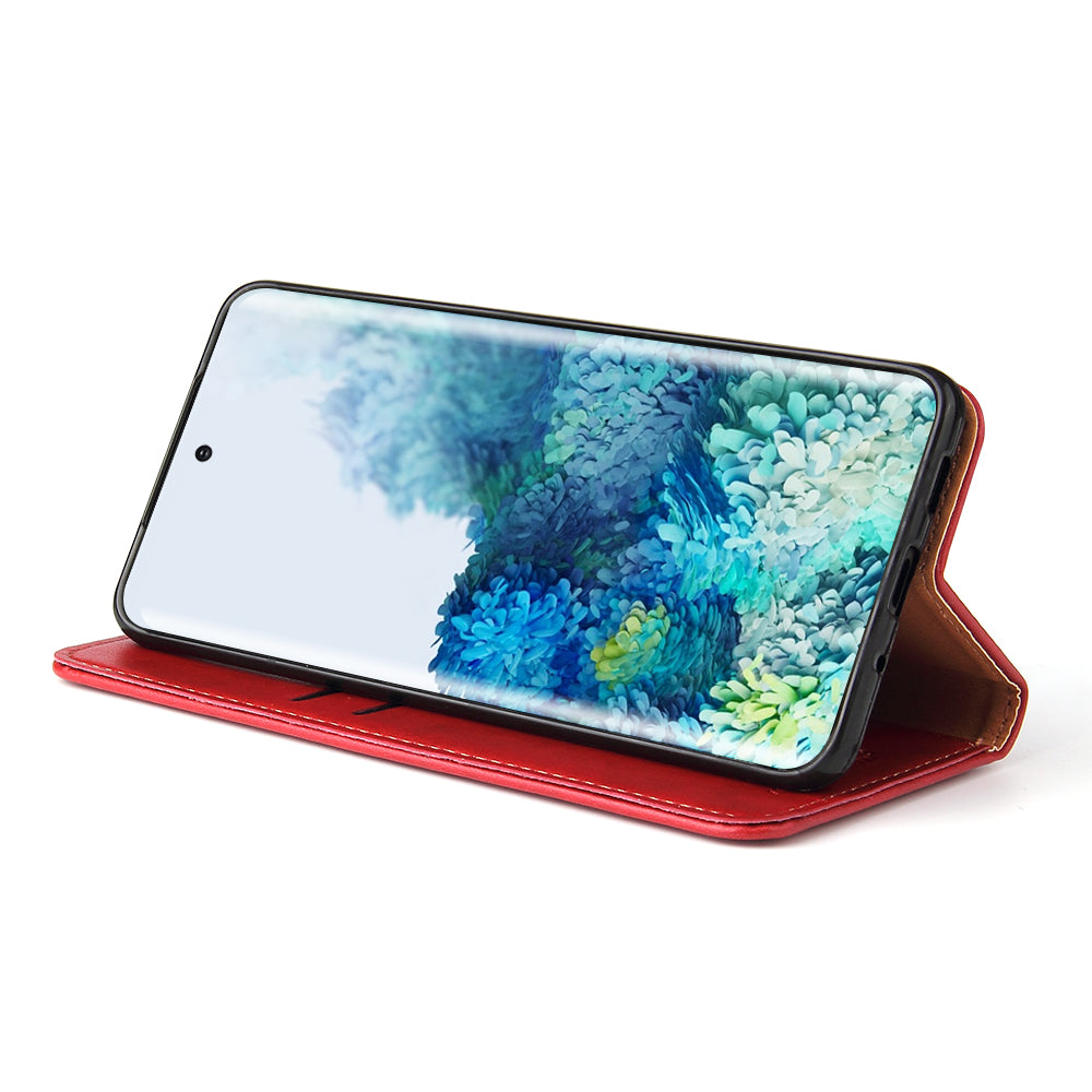 Textured Leather Wallet Stand Flip Phone Case Protection Shell for Samsung Galaxy S20 4G/S20 5G - Red