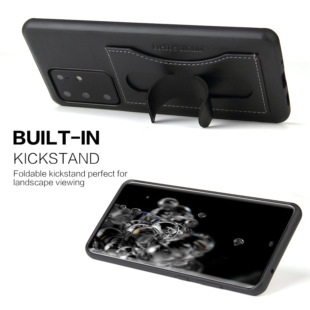 FIERRE SHANN PU Leather+PC+TPU Card Slot Kickstand Phone Back Case for Samsung Galaxy S20 Ultra - Black