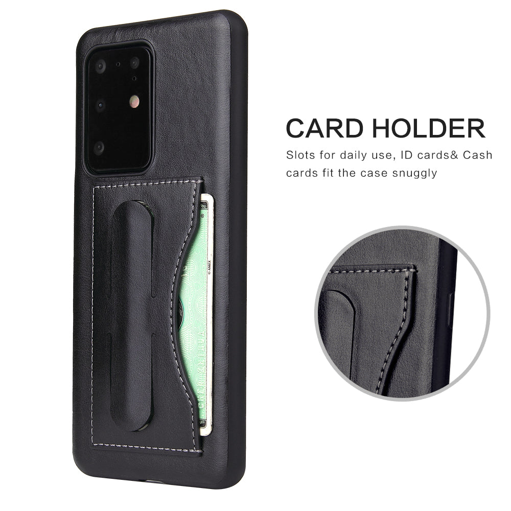 FIERRE SHANN PU Leather+PC+TPU Card Slot Kickstand Phone Back Case for Samsung Galaxy S20 Ultra - Black