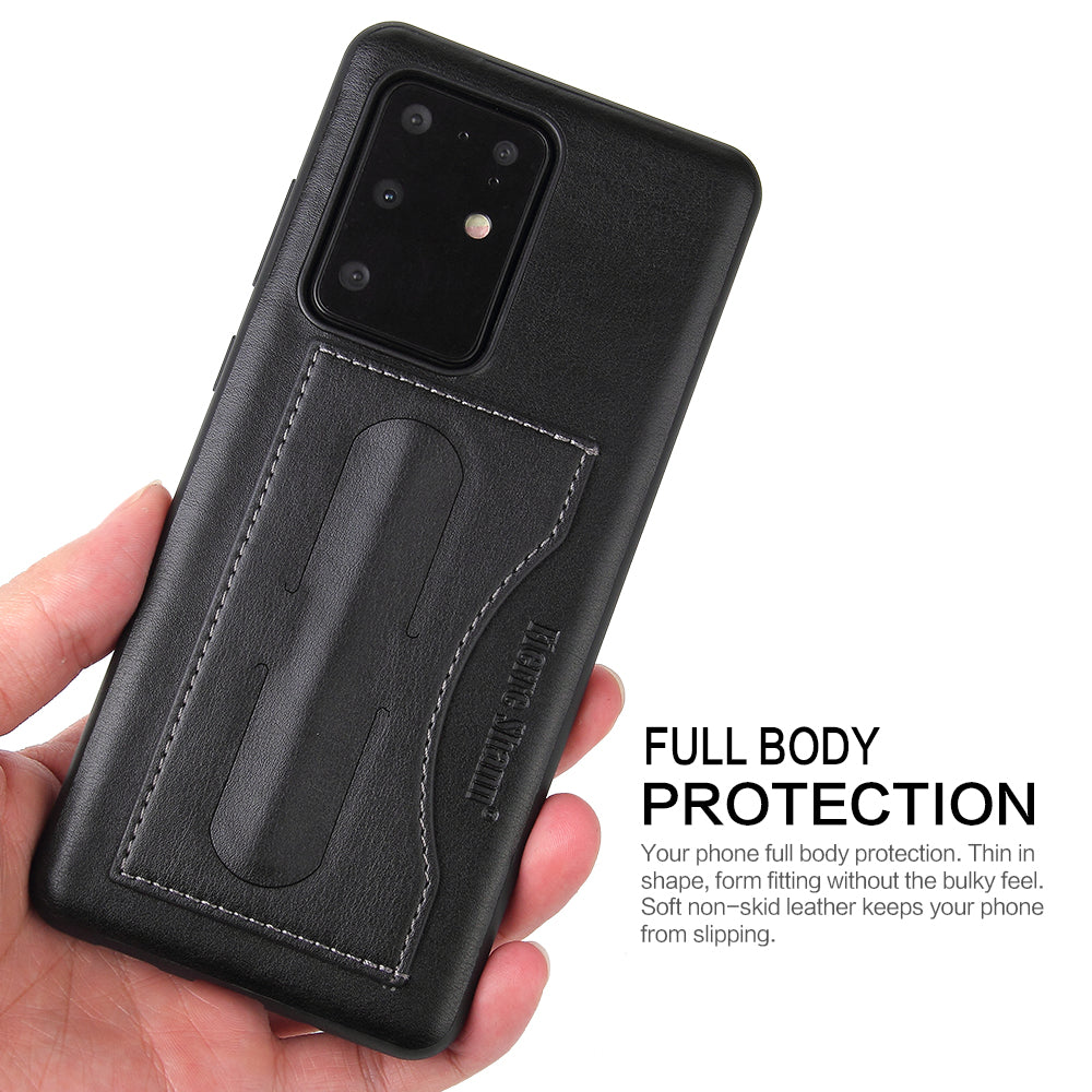 FIERRE SHANN PU Leather+PC+TPU Card Slot Kickstand Phone Back Case for Samsung Galaxy S20 Ultra - Black