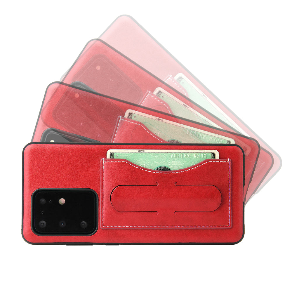 FIERRE SHANN PU Leather+PC+TPU Card Slot Kickstand Phone Back Case for Samsung Galaxy S20 Ultra - Red