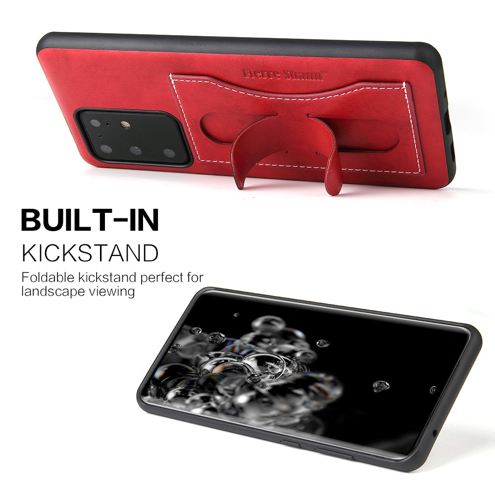 FIERRE SHANN PU Leather+PC+TPU Card Slot Kickstand Phone Back Case for Samsung Galaxy S20 Ultra - Red