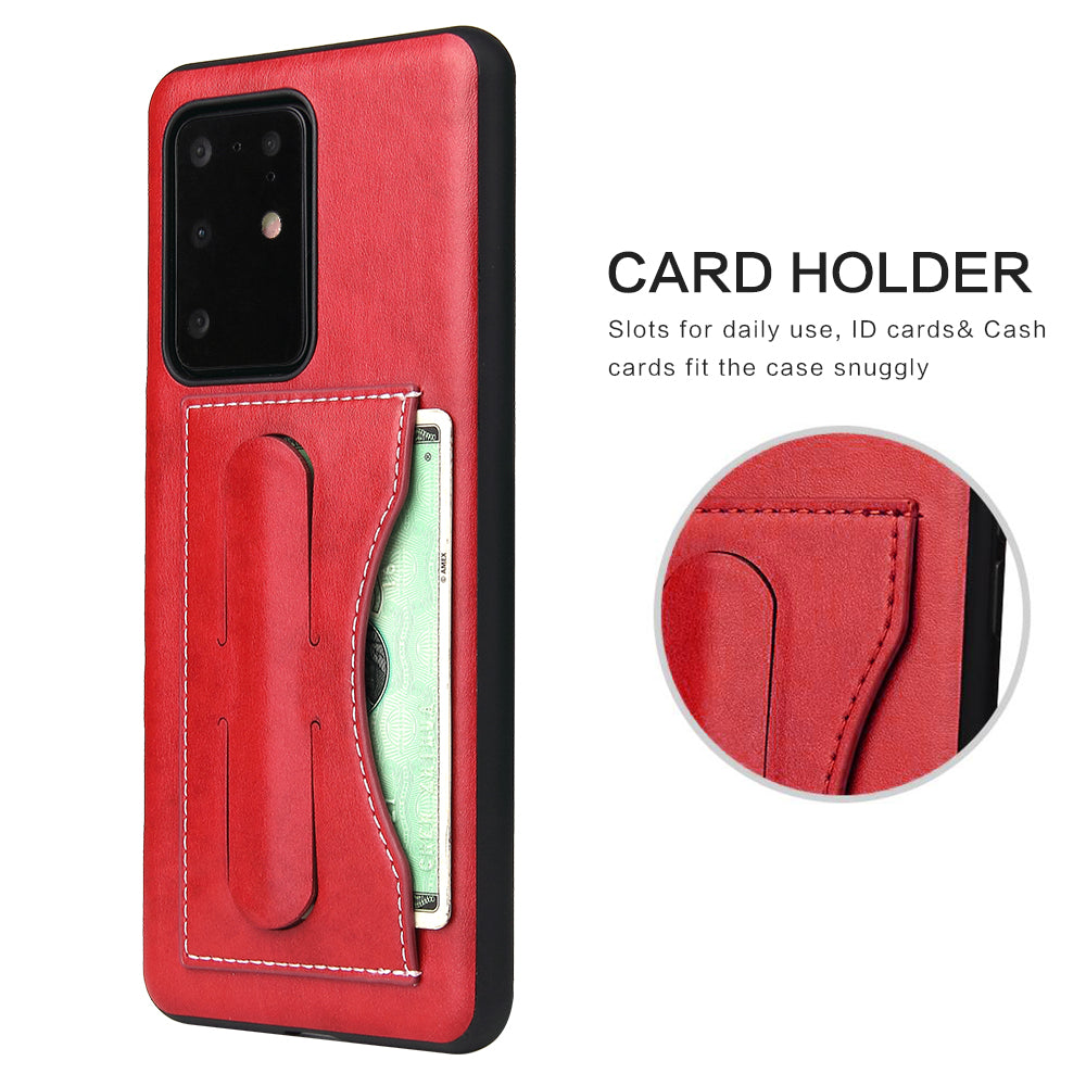 FIERRE SHANN PU Leather+PC+TPU Card Slot Kickstand Phone Back Case for Samsung Galaxy S20 Ultra - Red