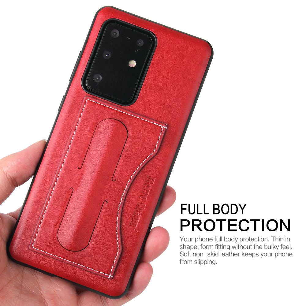 FIERRE SHANN PU Leather+PC+TPU Card Slot Kickstand Phone Back Case for Samsung Galaxy S20 Ultra - Red