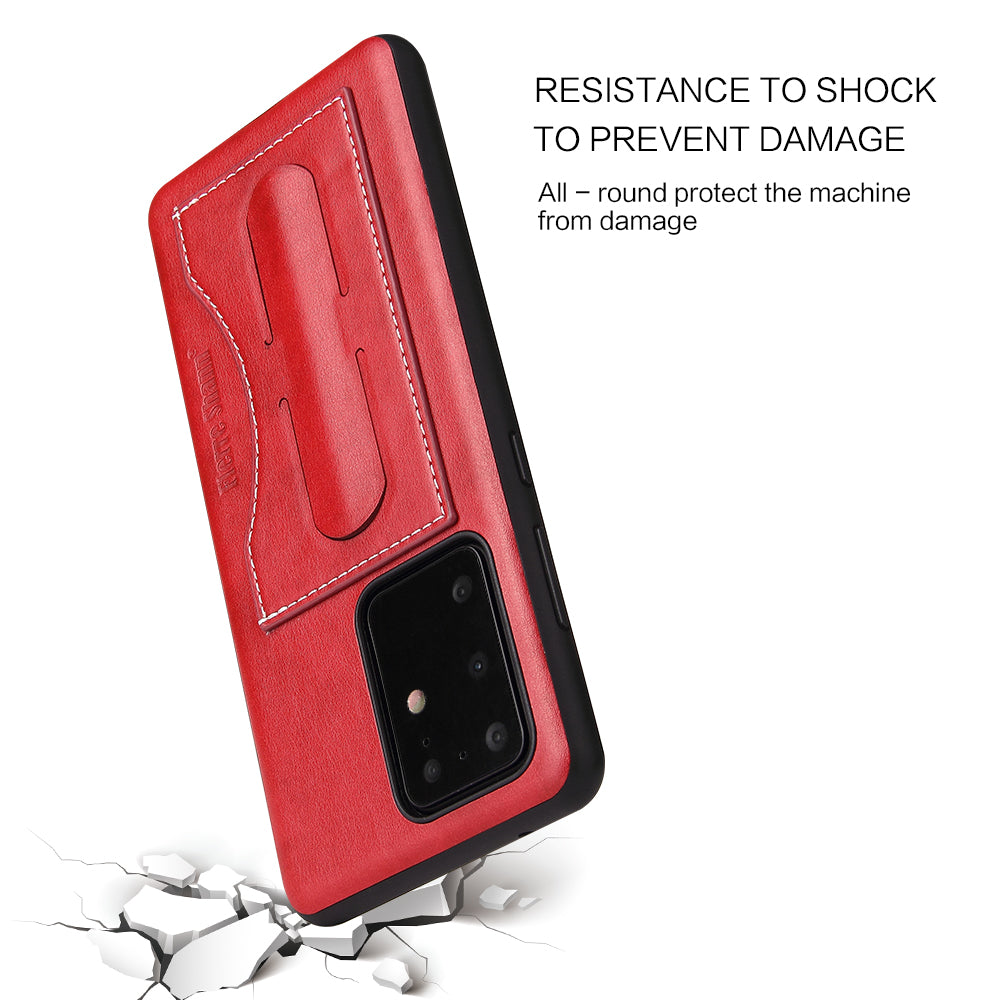 FIERRE SHANN PU Leather+PC+TPU Card Slot Kickstand Phone Back Case for Samsung Galaxy S20 Ultra - Red