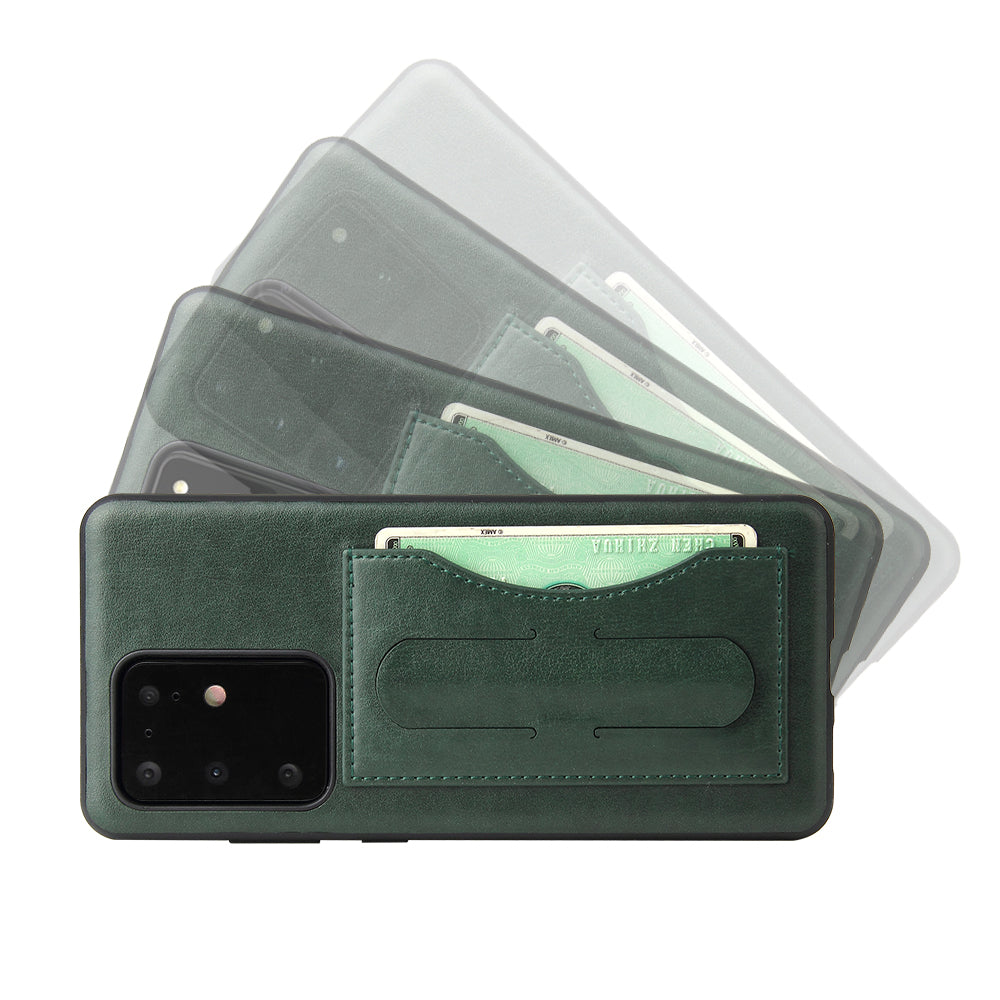 FIERRE SHANN PU Leather+PC+TPU Card Slot Kickstand Phone Back Case for Samsung Galaxy S20 Ultra - Green