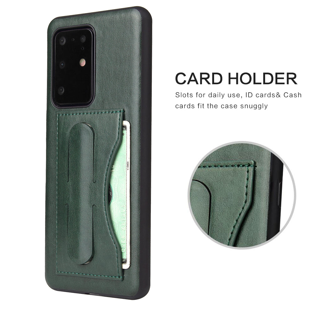 FIERRE SHANN PU Leather+PC+TPU Card Slot Kickstand Phone Back Case for Samsung Galaxy S20 Ultra - Green