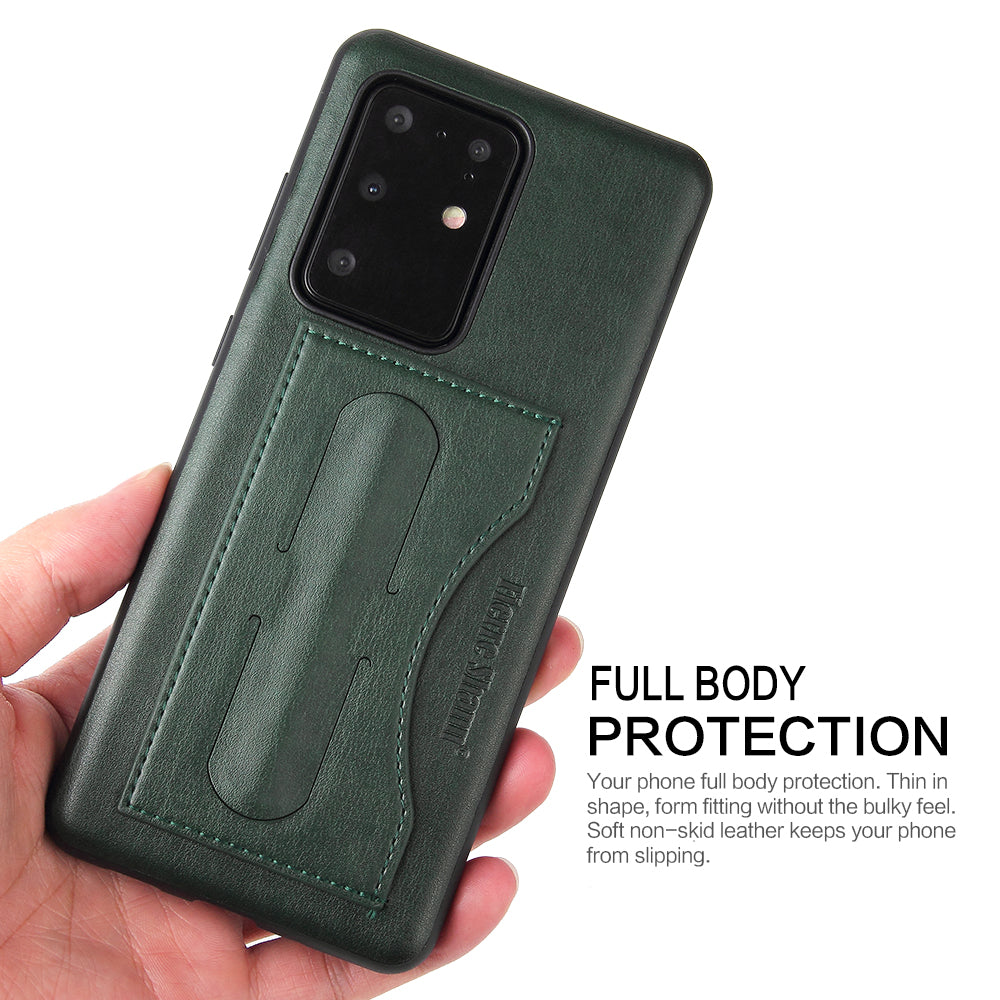 FIERRE SHANN PU Leather+PC+TPU Card Slot Kickstand Phone Back Case for Samsung Galaxy S20 Ultra - Green