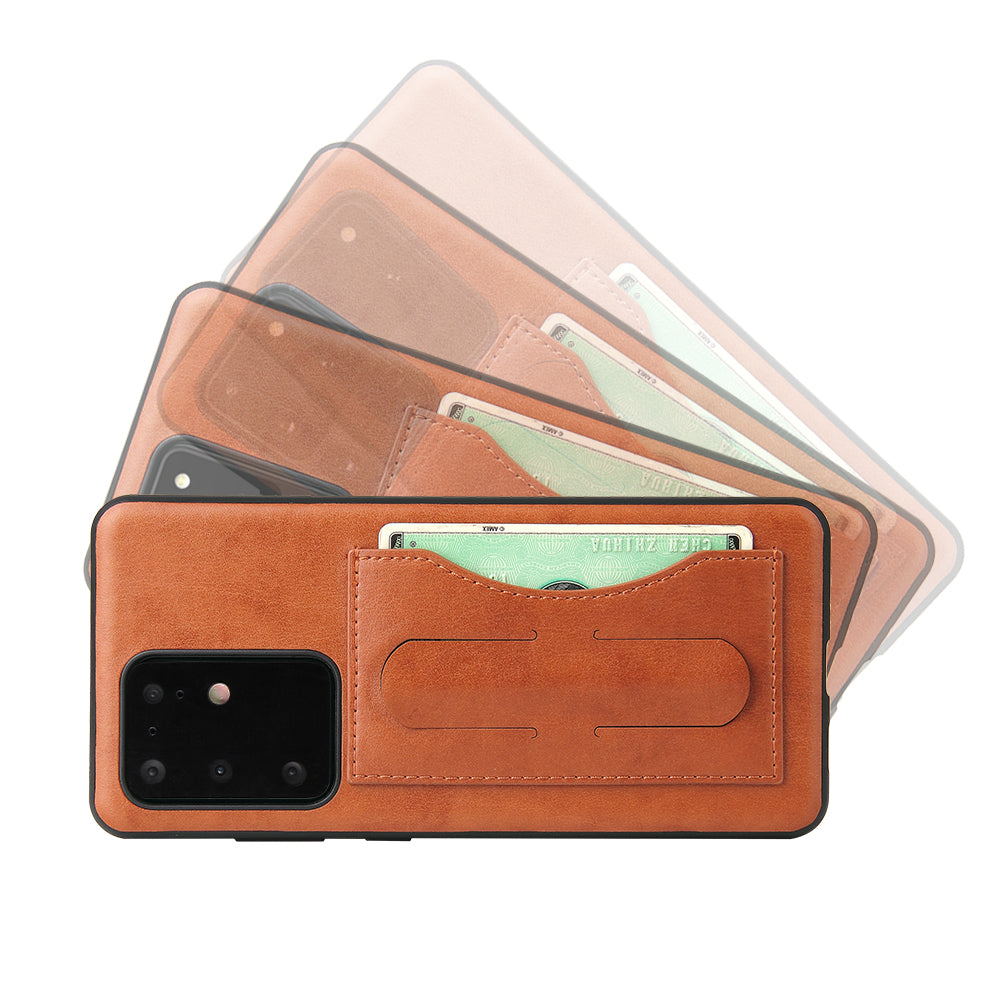 FIERRE SHANN PU Leather+PC+TPU Card Slot Kickstand Phone Back Case for Samsung Galaxy S20 Ultra - Brown