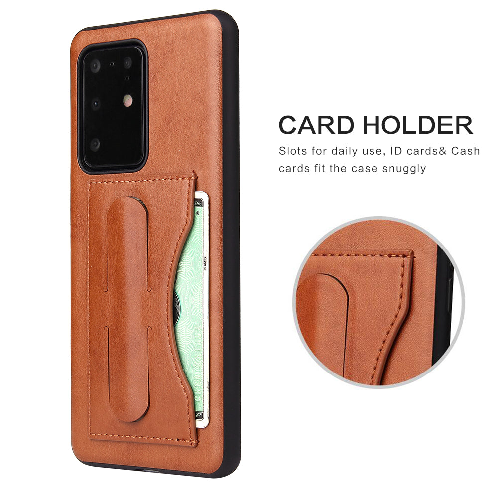 FIERRE SHANN PU Leather+PC+TPU Card Slot Kickstand Phone Back Case for Samsung Galaxy S20 Ultra - Brown