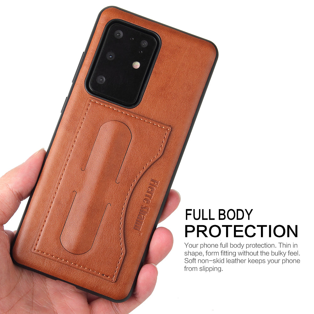 FIERRE SHANN PU Leather+PC+TPU Card Slot Kickstand Phone Back Case for Samsung Galaxy S20 Ultra - Brown