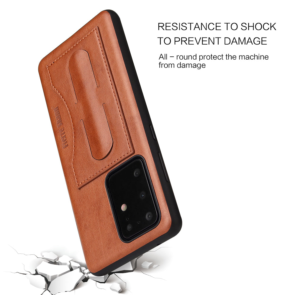 FIERRE SHANN PU Leather+PC+TPU Card Slot Kickstand Phone Back Case for Samsung Galaxy S20 Ultra - Brown