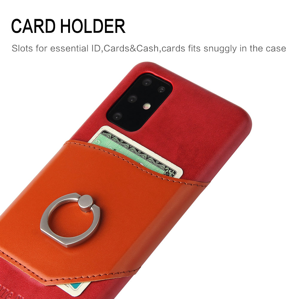 FIERRE SHANN Knight Oil Wax Genuine Leather Coated Card Holder PC Case for Samsung Galaxy S20 Plus - Red