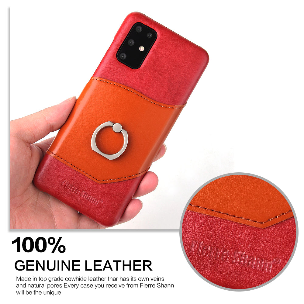 FIERRE SHANN Knight Oil Wax Genuine Leather Coated Card Holder PC Case for Samsung Galaxy S20 Plus - Red