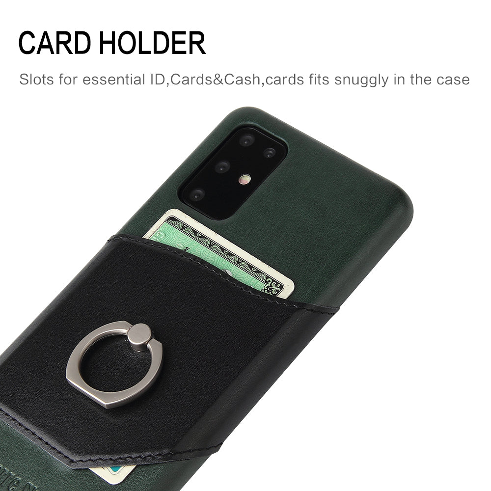 FIERRE SHANN Knight Oil Wax Genuine Leather Coated Card Holder PC Case for Samsung Galaxy S20 Plus - Green