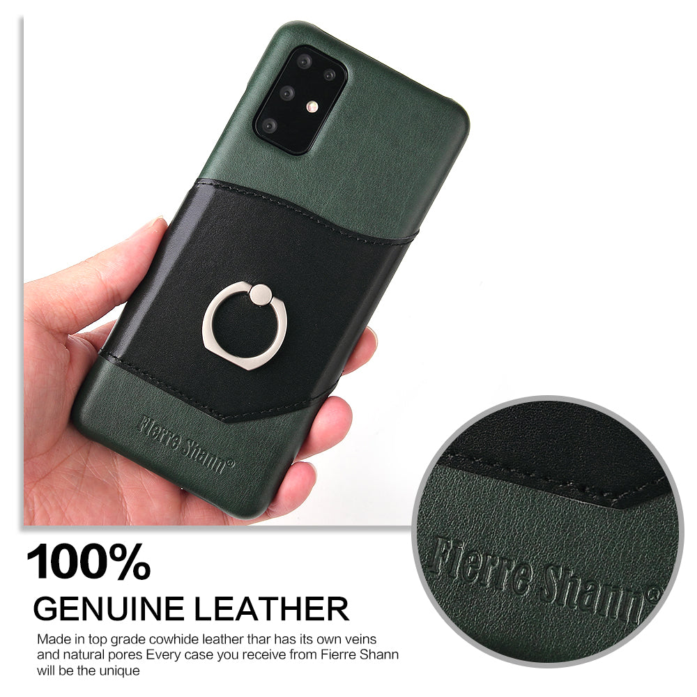 FIERRE SHANN Knight Oil Wax Genuine Leather Coated Card Holder PC Case for Samsung Galaxy S20 Plus - Green