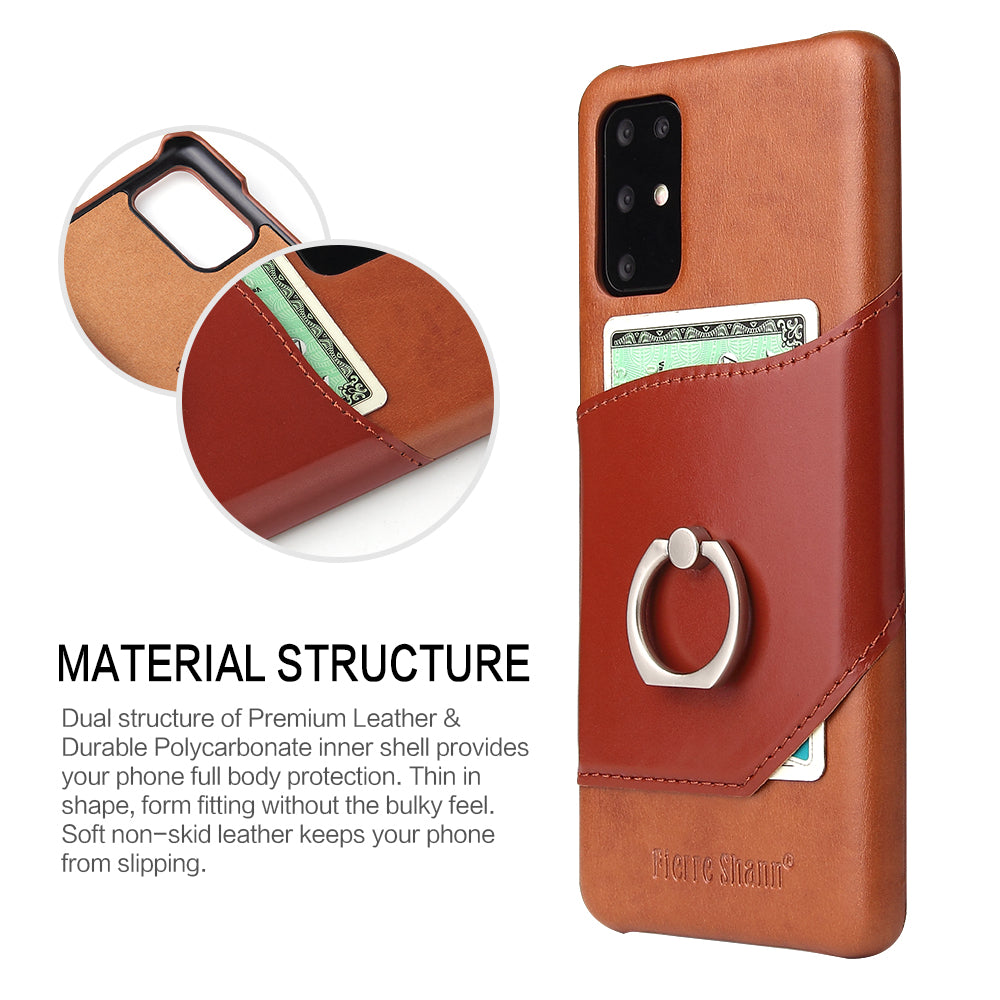 FIERRE SHANN Knight Oil Wax Genuine Leather Coated Card Holder PC Case for Samsung Galaxy S20 Plus - Brown