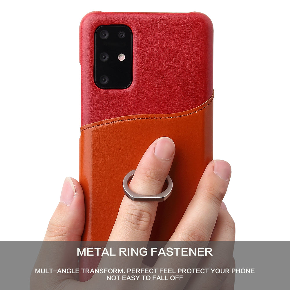 FIERRE SHANN Knight Ring Kickstand Oil Wax Genuine Leather Coated PC Cover for Samsung Galaxy S20 4G/S20 5G - Red