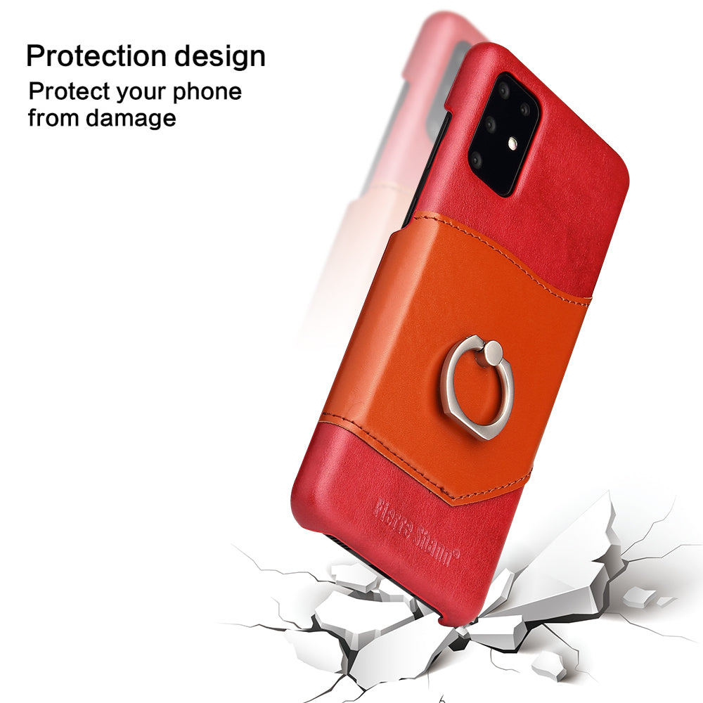 FIERRE SHANN Knight Ring Kickstand Oil Wax Genuine Leather Coated PC Cover for Samsung Galaxy S20 4G/S20 5G - Red