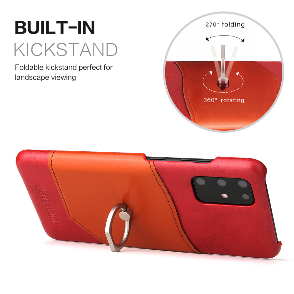 FIERRE SHANN Knight Ring Kickstand Oil Wax Genuine Leather Coated PC Cover for Samsung Galaxy S20 4G/S20 5G - Red