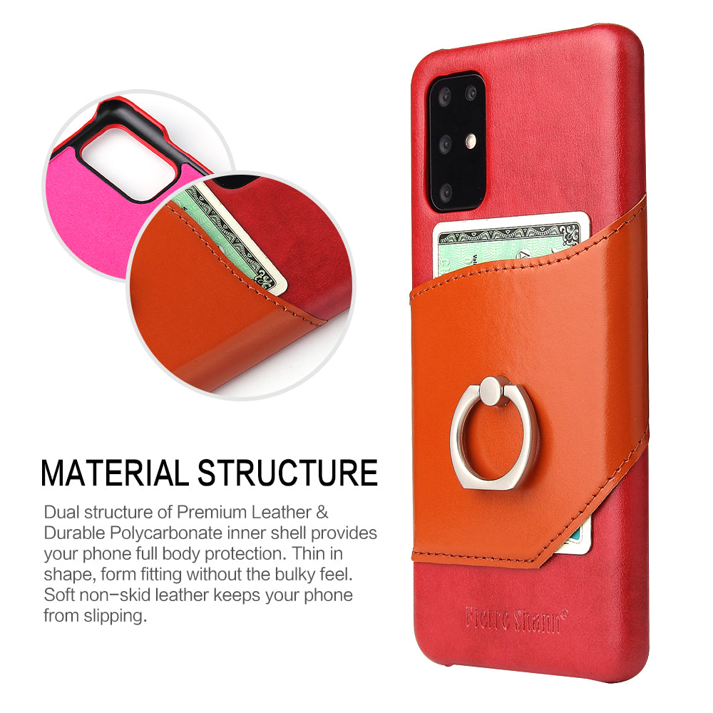 FIERRE SHANN Knight Ring Kickstand Oil Wax Genuine Leather Coated PC Cover for Samsung Galaxy S20 4G/S20 5G - Red