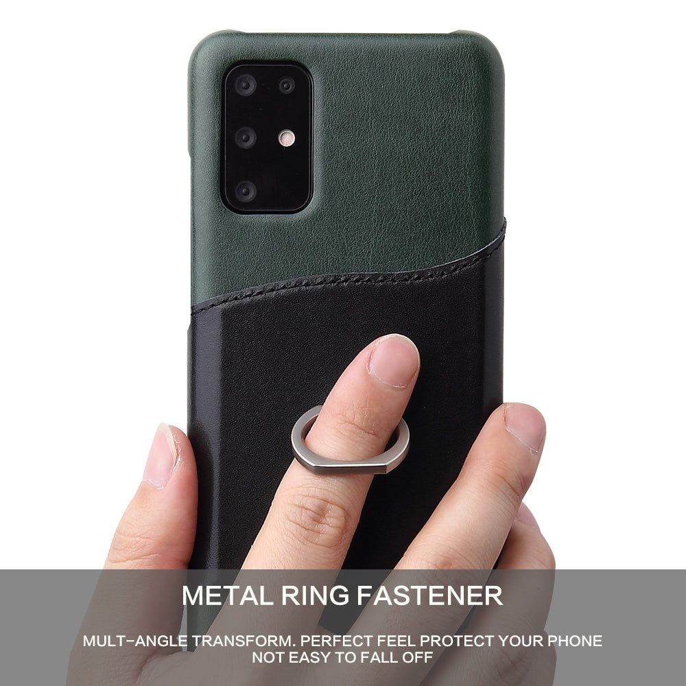 FIERRE SHANN Knight Ring Kickstand Oil Wax Genuine Leather Coated PC Cover for Samsung Galaxy S20 4G/S20 5G - Green