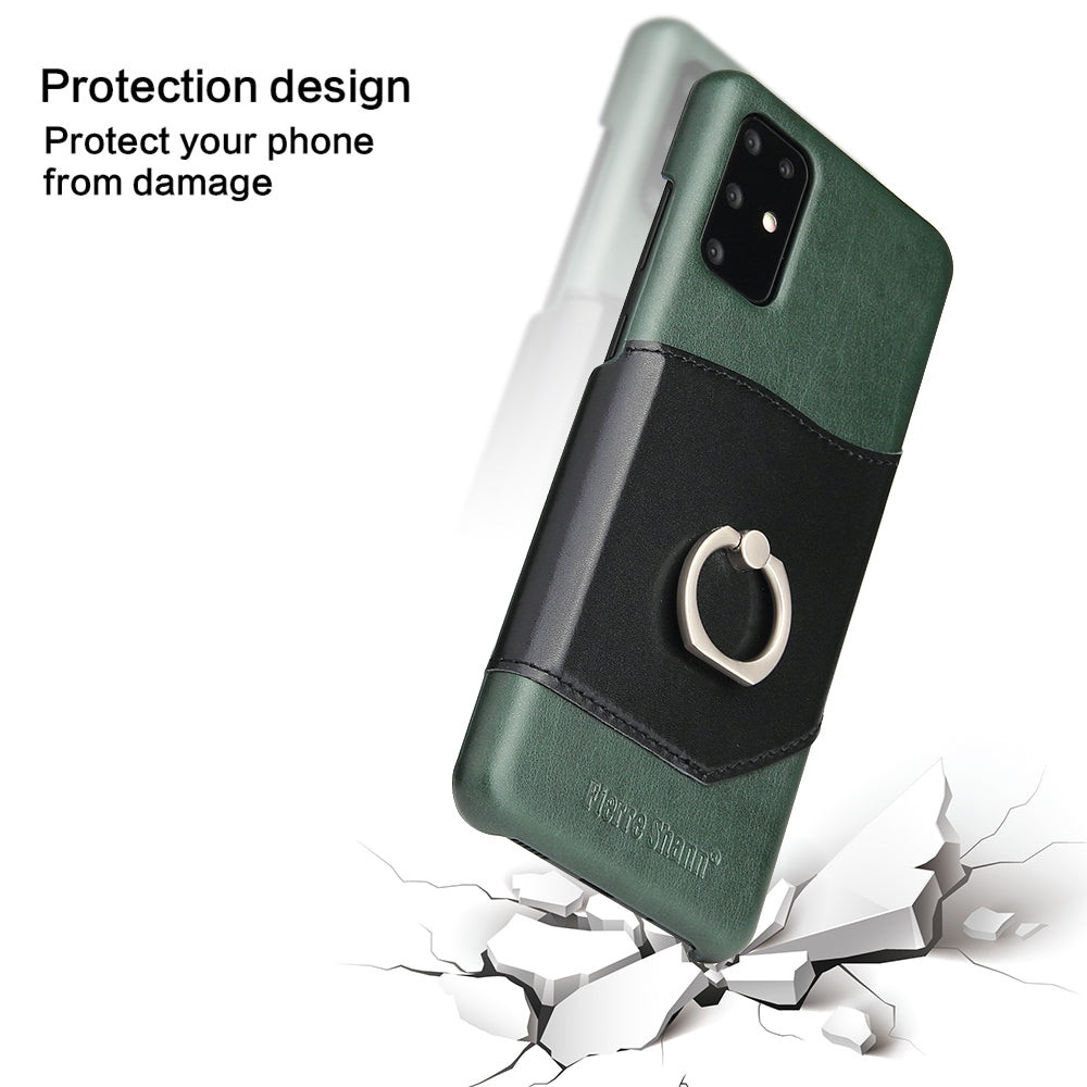 FIERRE SHANN Knight Ring Kickstand Oil Wax Genuine Leather Coated PC Cover for Samsung Galaxy S20 4G/S20 5G - Green