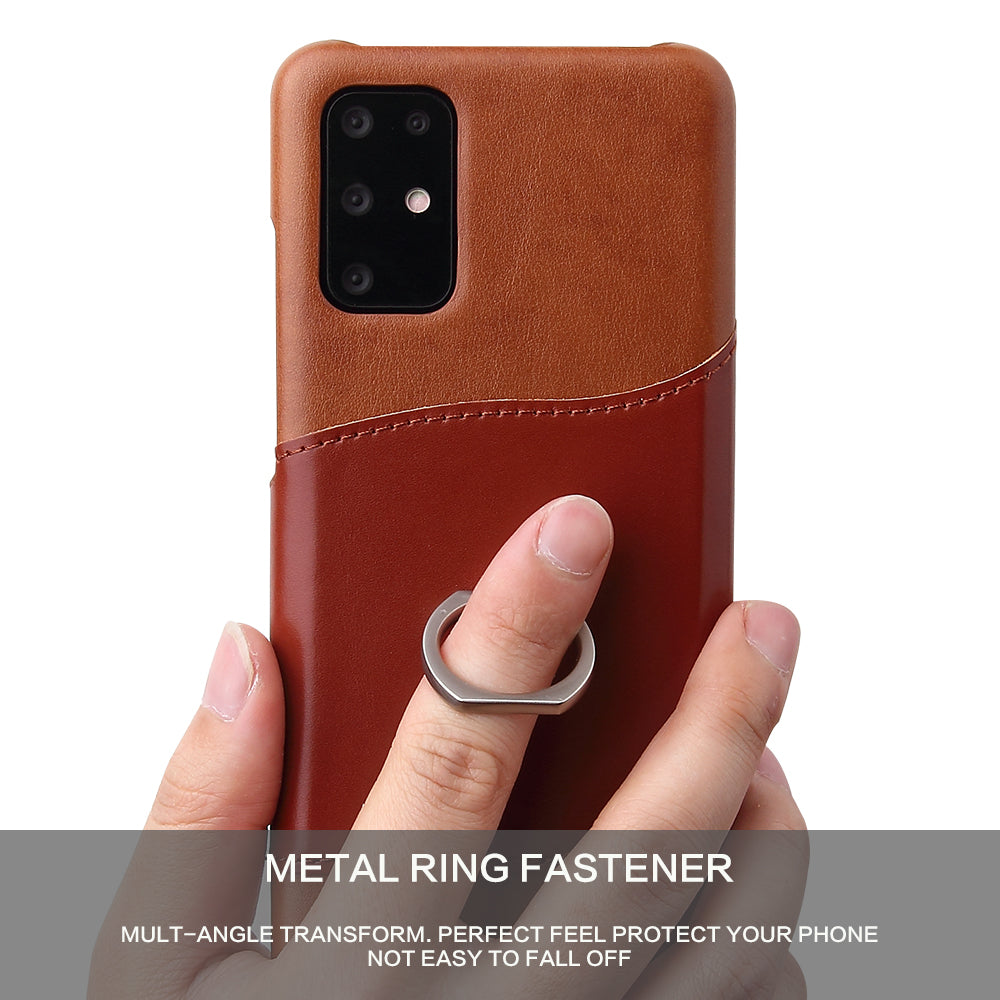 FIERRE SHANN Knight Ring Kickstand Oil Wax Genuine Leather Coated PC Cover for Samsung Galaxy S20 4G/S20 5G - Brown