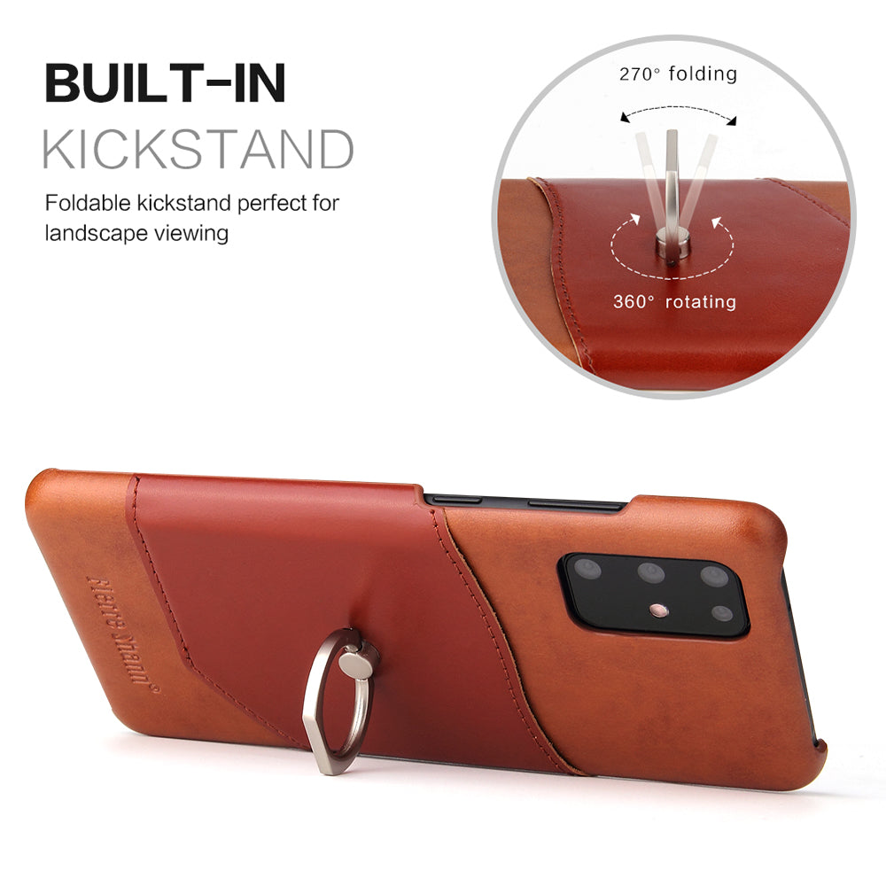 FIERRE SHANN Knight Ring Kickstand Oil Wax Genuine Leather Coated PC Cover for Samsung Galaxy S20 4G/S20 5G - Brown