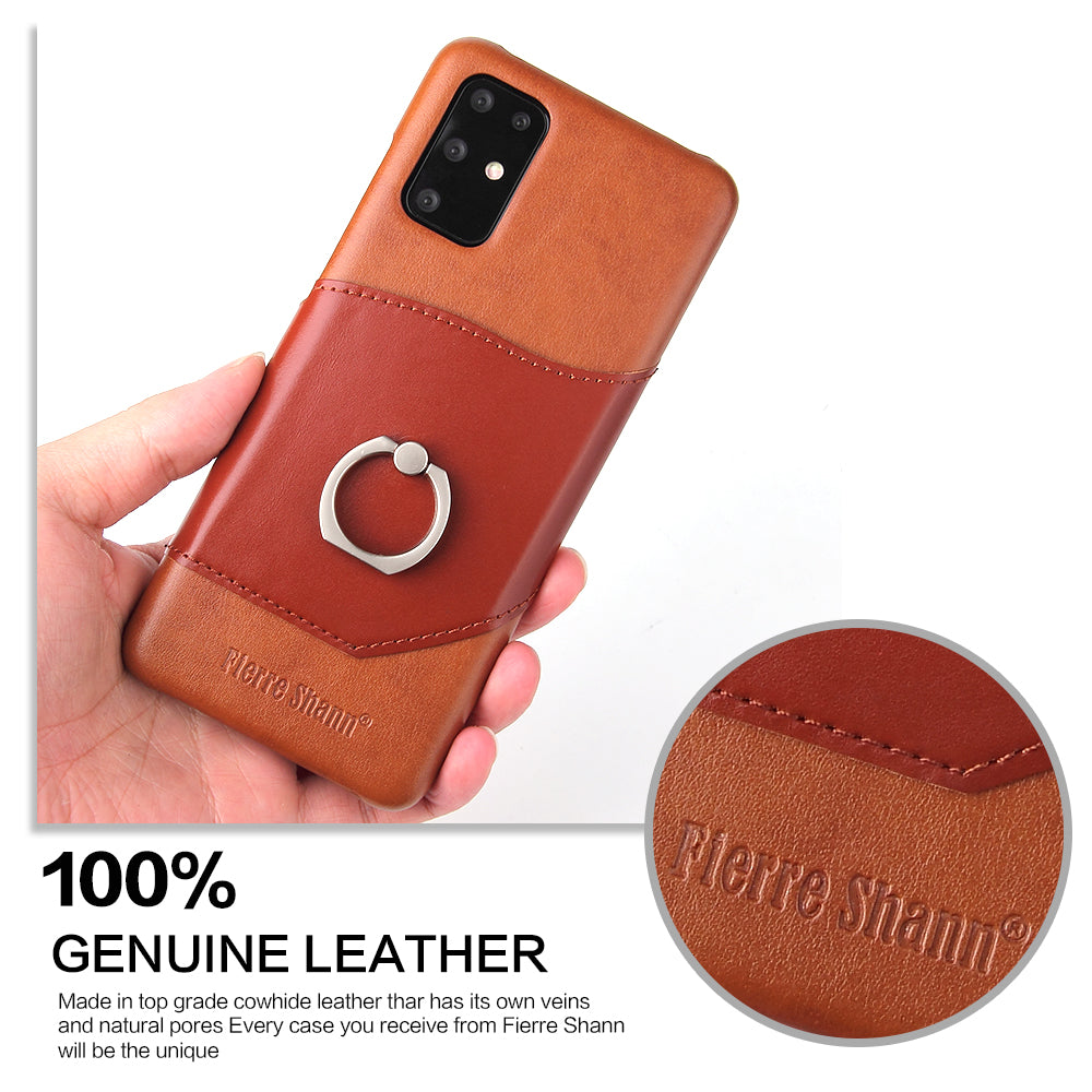 FIERRE SHANN Knight Ring Kickstand Oil Wax Genuine Leather Coated PC Cover for Samsung Galaxy S20 4G/S20 5G - Brown