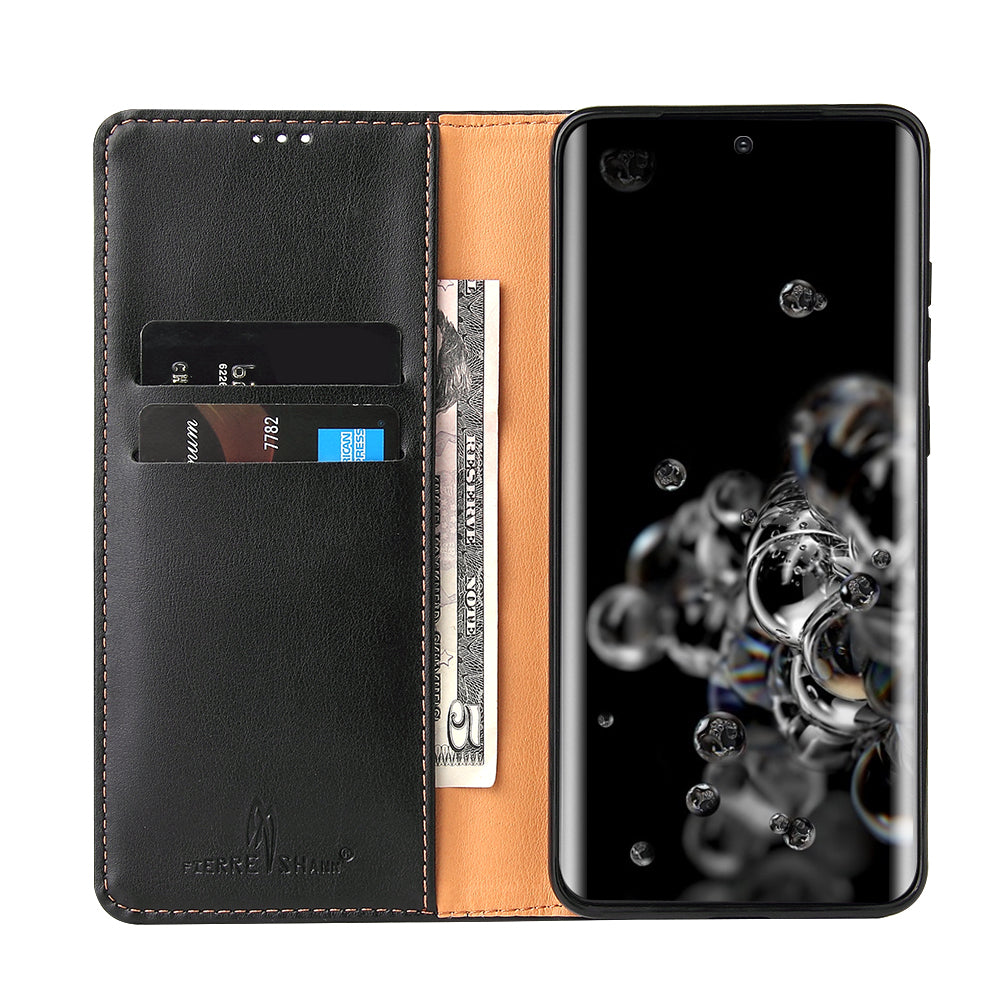 Textured Leather Wallet Stand Protection Case Shell for Samsung Galaxy S20 Ultra - Black