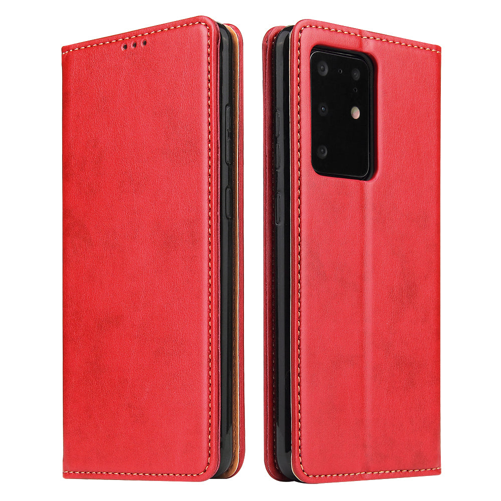 Textured Leather Wallet Stand Protection Case Shell for Samsung Galaxy S20 Ultra - Red