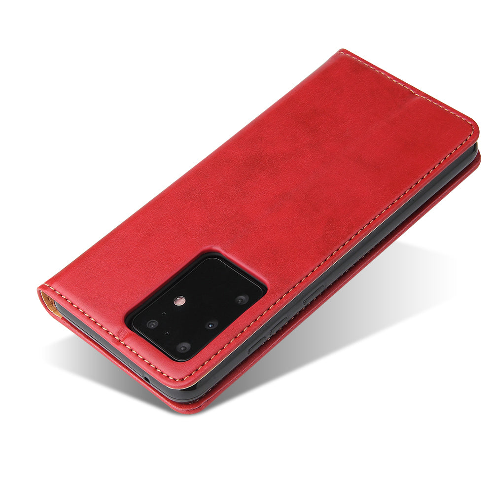 Textured Leather Wallet Stand Protection Case Shell for Samsung Galaxy S20 Ultra - Red